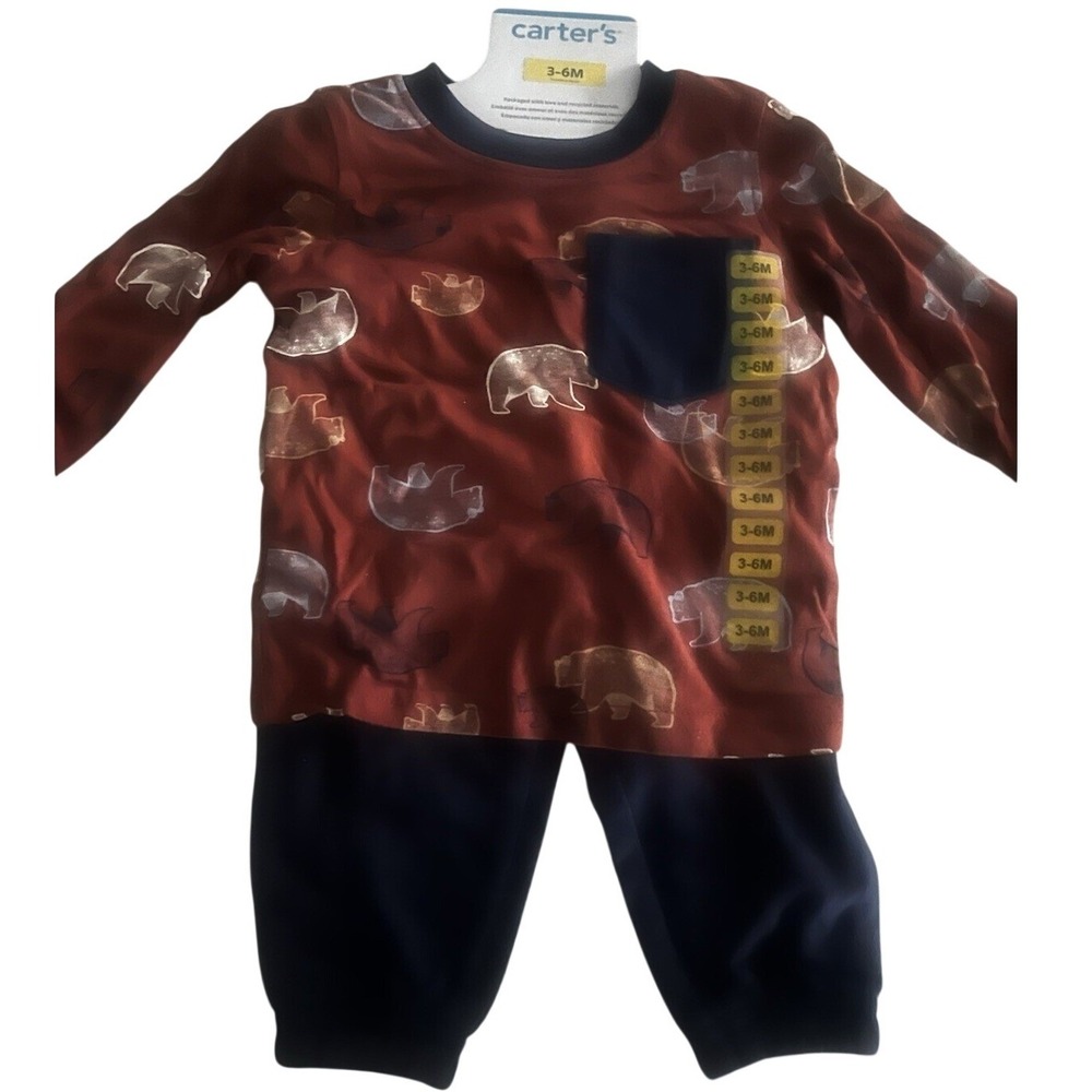 Carters Baby Boy 2-Piece Bear Set Rust Orange & Navy Blue‎ Long Sleeve 3-6M NWT